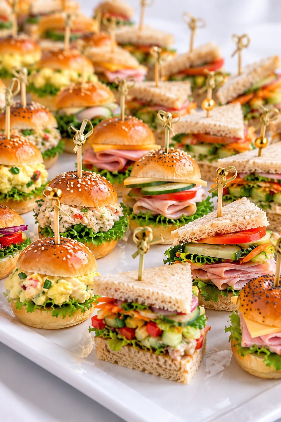 Mini sliders and finger sandwiches on a platter