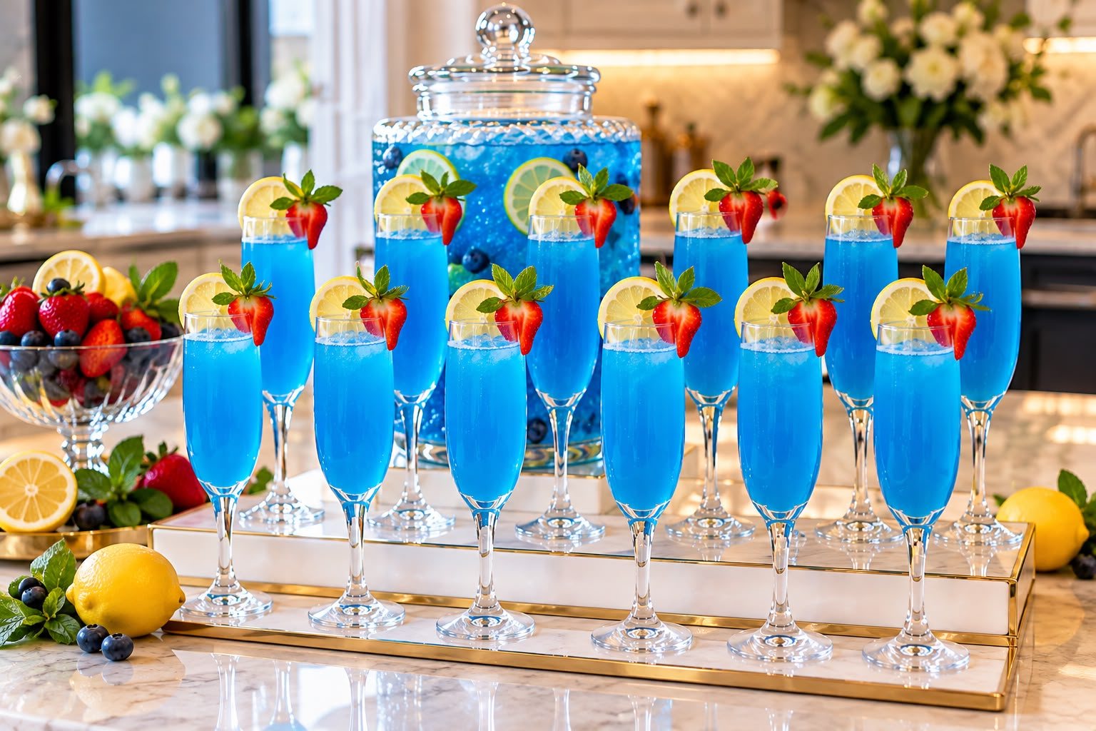 Blue punch in flutes with strawberries and lemons, beside a drink dispenser