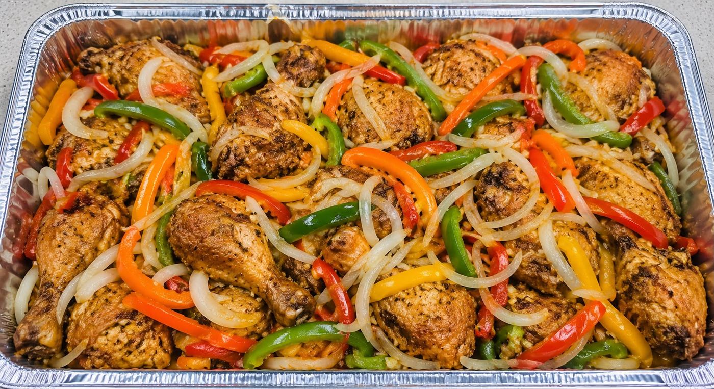 Seasoned chicken with peppers and onions in a foil catering pan